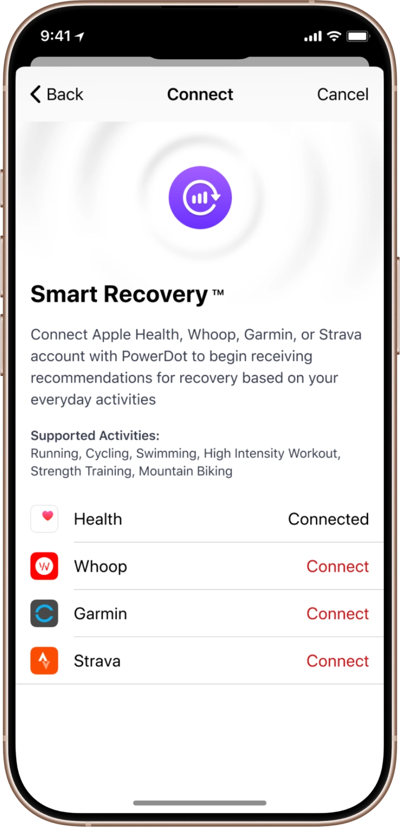 iOS connection with Whoop, Garmin, Strava, Health