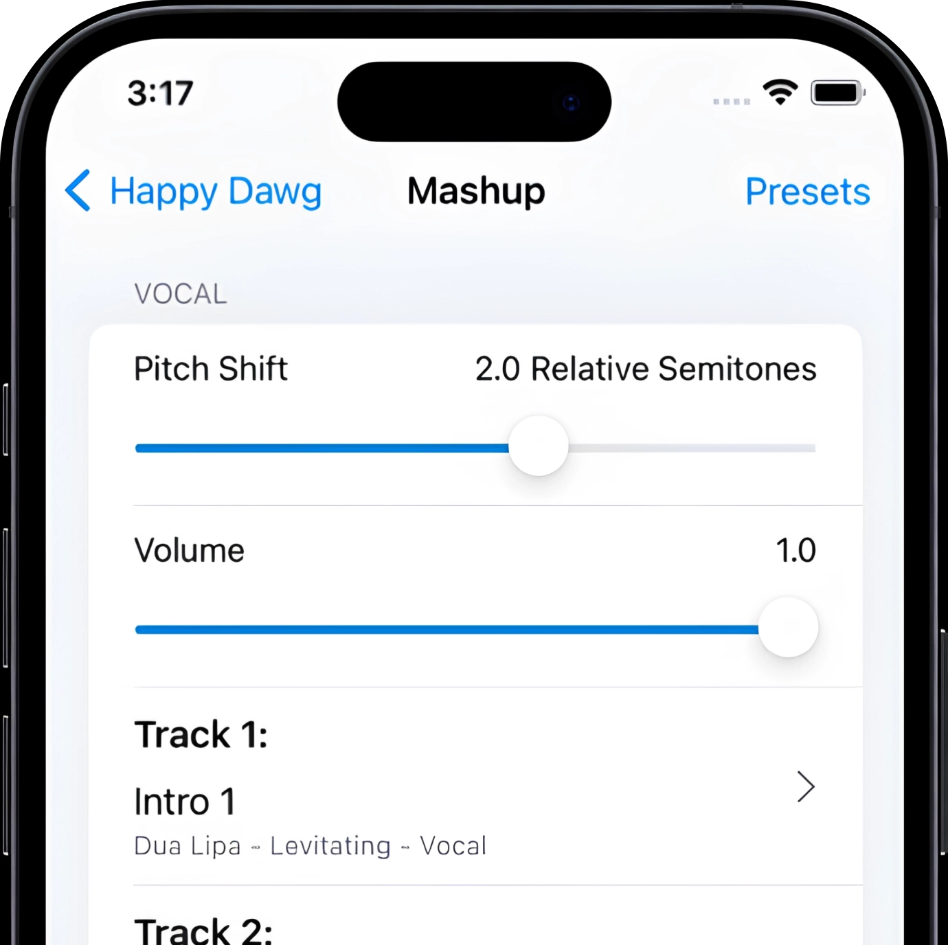 Pitch and volume selection screen